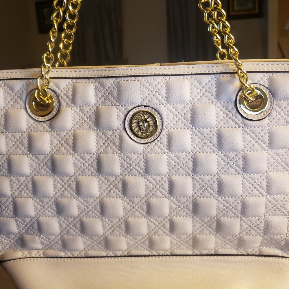 Anne Klein Quilted White Tote with Gold Chain Handles